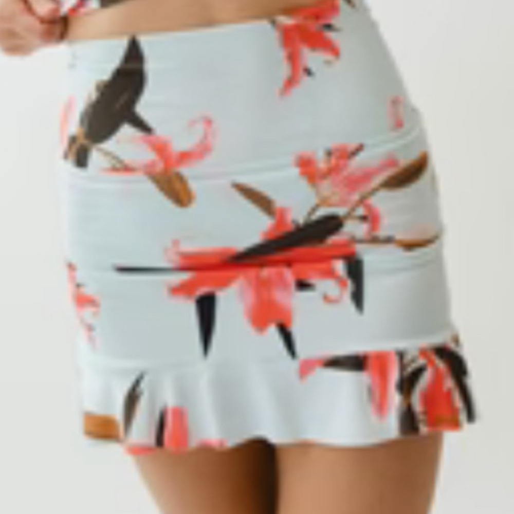 Floral Ruffle Hem Mini Skirt - Light Blue with Coral Print